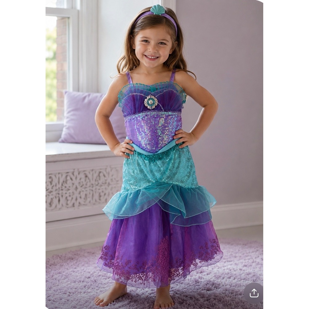 Disney Store Ariel Little Mermaid Deluxe Costume Dress Kids Size 4 Purple Teal